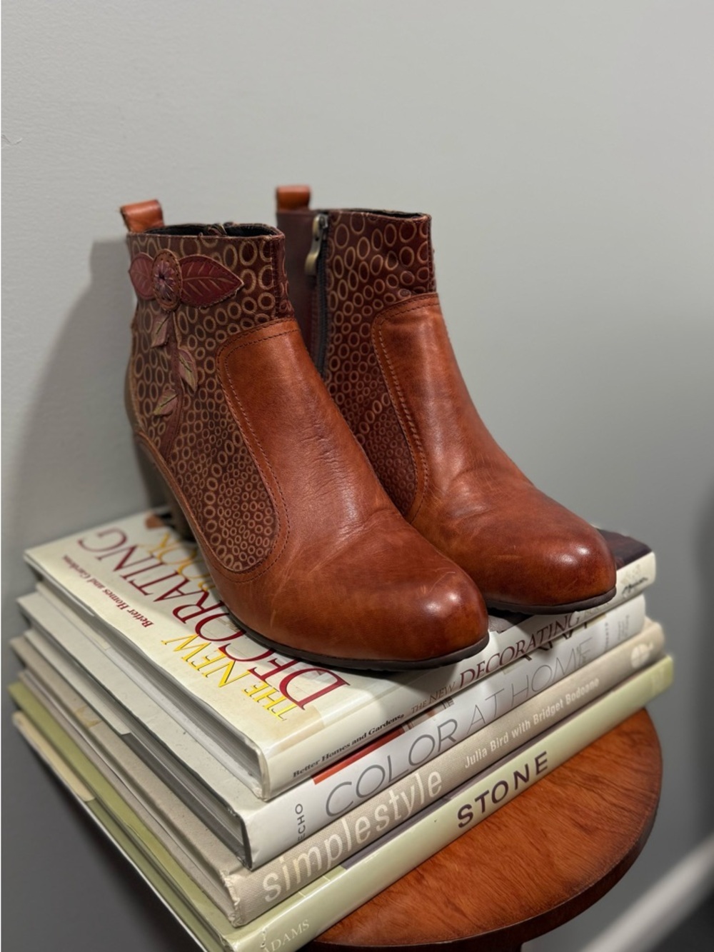Women's Cognac Leather Ankle Booties with Decorative Cutouts - Picture 3 of 16